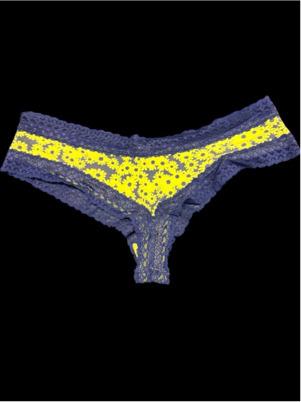 Women's Victoria's Secret Panties L Yellow Navy Floral Lace Thong